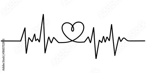 One continuous line Art drawing of hand drawing human heart beat pulse graph image on whiteboard. with white background, Continuous line drawing vector illustration of a heartbeat and heart shape