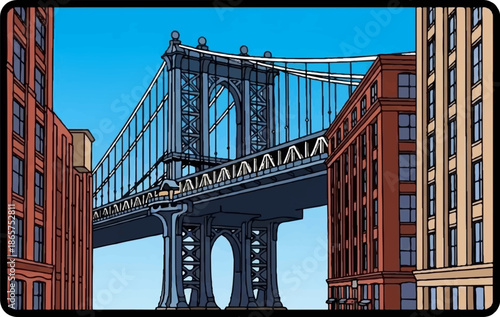 Cartoon illustration of a suspension bridge spanning between buildings under a clear blue sky