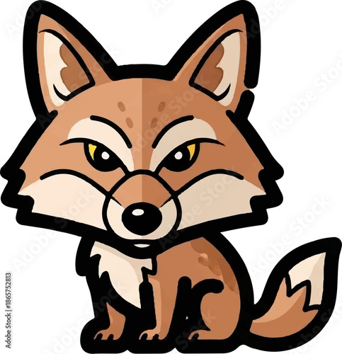 Cartoon fox with alert expression, sitting on white background
