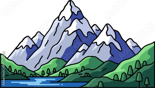 Stylized snow-capped mountains rise above rolling green hills and a serene lake