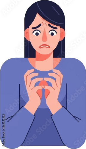 A worried woman clutches her chest, her face contorted in fear or pain