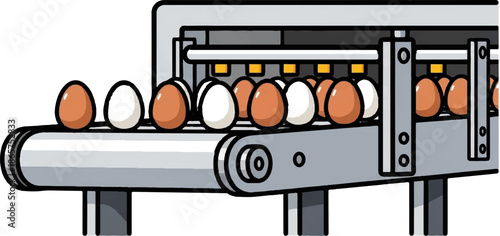 Eggs move along a conveyor belt in an automated processing line