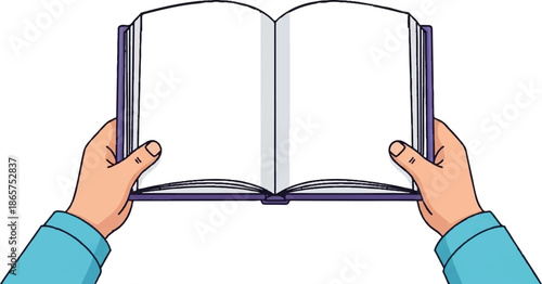 Two hands holding open a blank book with purple cover