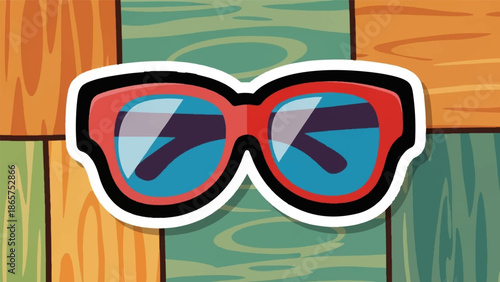 Red sunglasses with blue lenses rest on a colorful wooden plank surface