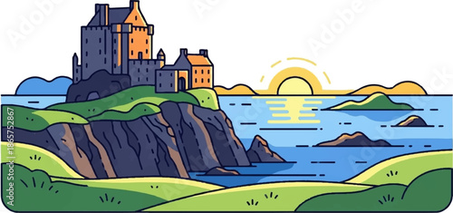 Stylized castle on a cliff overlooking the sea at sunset with rolling hills