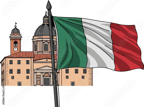 Italian flag waves in front of a domed building with a clock tower