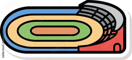 An abstract illustration of a multi-lane running track and stadium seating