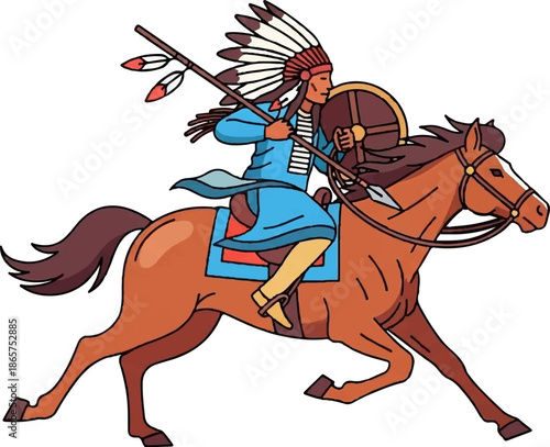 Depiction of a warrior in traditional headdress on horseback, holding a spear and shield