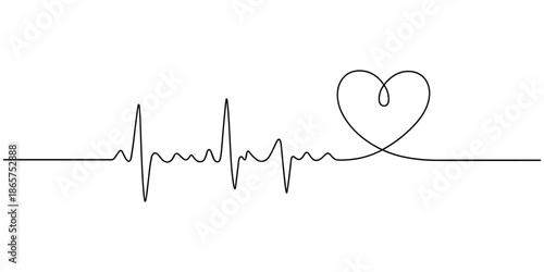 One continuous line Art drawing of hand drawing human heart beat pulse graph image on whiteboard. with white background, Continuous line drawing vector illustration of a heartbeat and heart shape