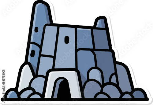 Stylized stone structure with an arched entrance and small window-like openings