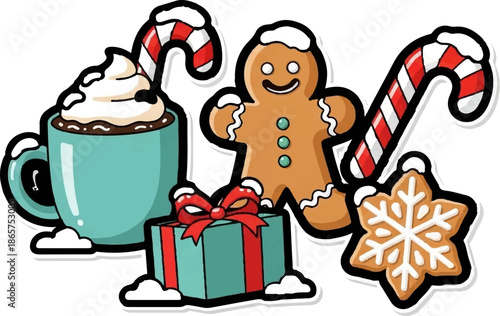 Festive holiday treats gingerbread, candy canes, hot cocoa, and a gift