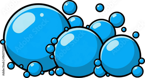 A cluster of bright blue, glossy spheres of various sizes, outlined in black