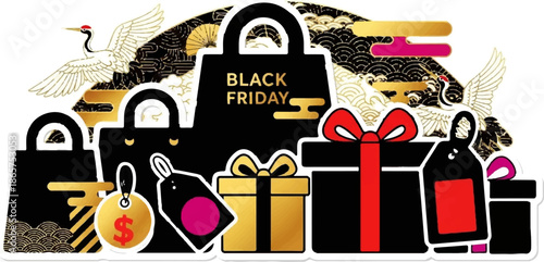 Black Friday sale with shopping bags, gifts, cranes, and decorative patterns