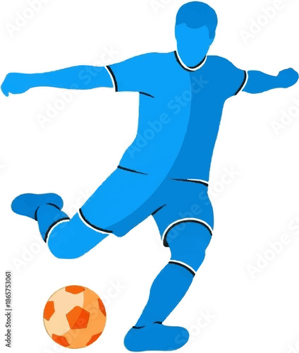 Stylized blue soccer player in motion, kicking an orange ball
