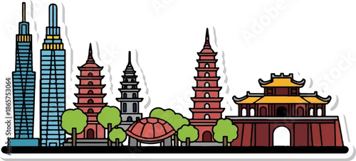 Modern skyscrapers and traditional pagodas create a vibrant cityscape silhouette