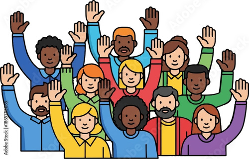 A diverse group of cartoon people with raised hands, smiling