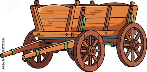 A rustic wooden cart with spoked wheels and wooden panels, designed for transport
