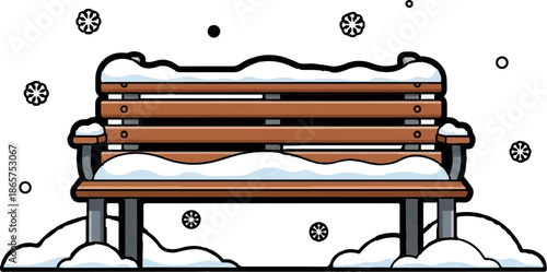 A snow-covered park bench with falling snowflakes