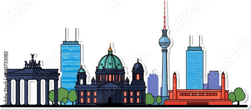 Stylized cityscape with prominent historical and modern buildings, including a triumphal arch and a tall tower