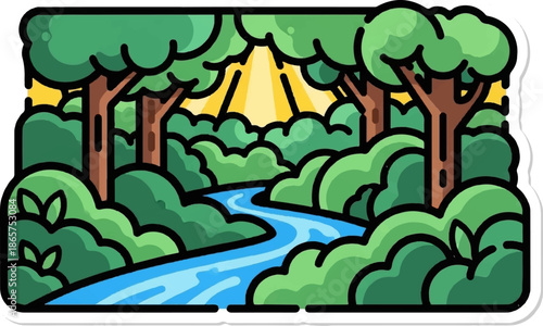 A stylized forest scene with a winding river, dense green foliage, and sunbeams piercing through trees