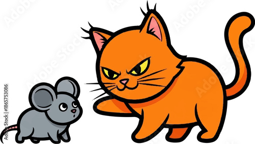 A cartoon orange cat faces a small gray mouse on a white background