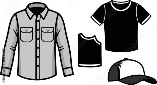 A grey collared shirt, a black t-shirt, a black sleeveless top, and a black and white baseball cap