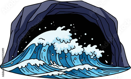 A stormy ocean wave crashes within a dark, rocky cave