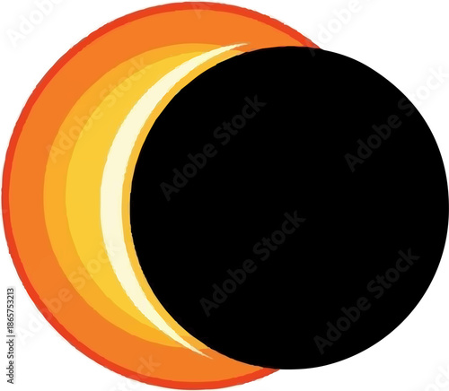 A stylized depiction of a solar eclipse with a black circle obscuring a glowing, layered sun