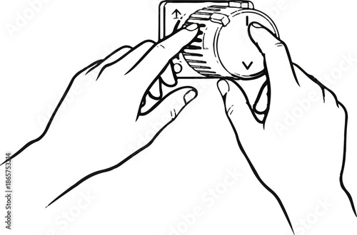 Two hands interacting with a circular dial featuring increments and directional arrows