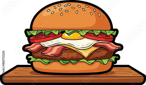 A juicy, stacked burger with bun, bacon, cheese, egg, tomato, and lettuce on wood