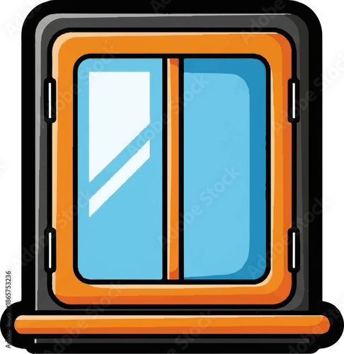 Cartoon window with orange frame and blue panes, white reflections