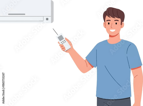 Man holding remote control to air conditioner