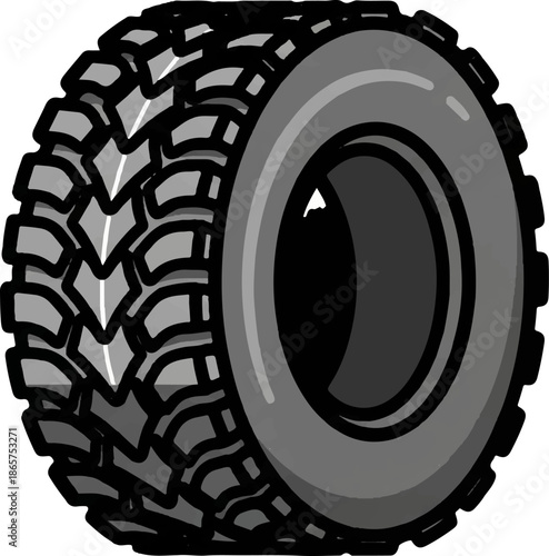 A stylized, black and gray illustration of an off-road vehicle tire