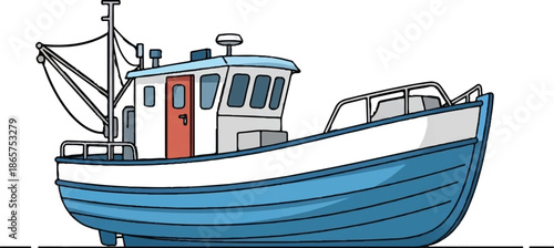 A cartoon illustration of a blue and white fishing boat with a red door and a mast
