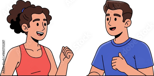 Two cartoon people, a woman in red and a man in blue, smiling and gesturing
