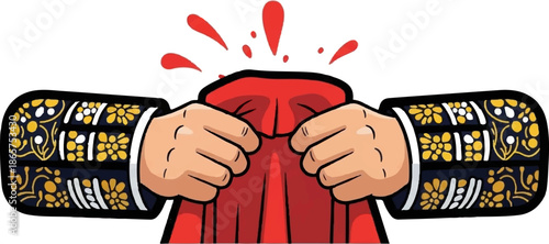 Hands holding a red cape with ornate gold-trimmed sleeves, splashes of red above