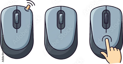 Three computer mice one wireless, one standard, and one with a finger pressing