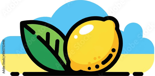 A bright yellow lemon and green leaves sit against a sky of blue and yellow hues