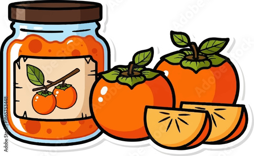 Jar of persimmon jam with fresh fruit and slices