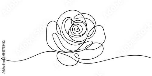 Rose one line drawing. Abstract flower continuous line. Minimalist contour drawing of rose . Continuous line drawing of flower rose . Hand drawn sketch of flower with leaves.