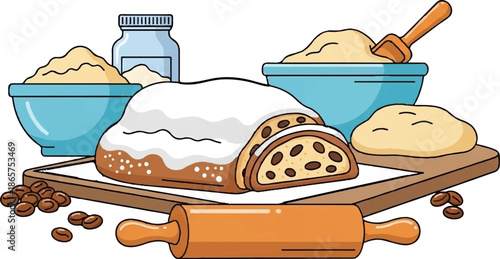 A festive fruit bread with powdered topping, accompanied by baking ingredients