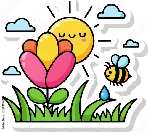 Cheerful cartoon sun shines on a happy flower with a bee nearby