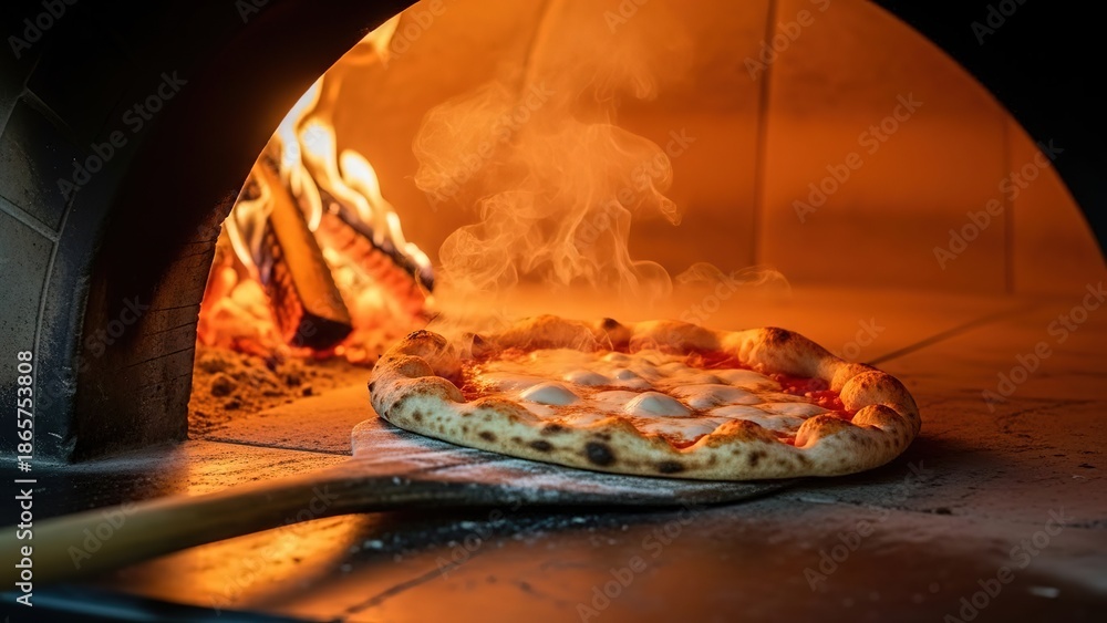 Fototapeta premium Delicious pizza cooking in a brick oven with flames and smoke, traditional italian cuisine being prepared with food and meal and kitchen and baking and cheese