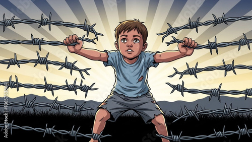 Young boy trapped behind barbed wire symbolizing immigration and border issues with a hopeful gaze towards the sky