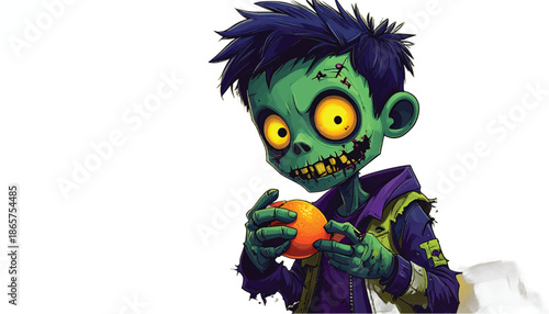 Cartoon Zombie Boy Eating an Orange with Glowing Yellow Eyes.