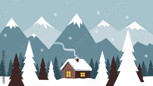 Cozy wooden cabin nestled among tall pine trees in a tranquil snow-covered mountain landscape with gentle snowflakes falling, evoking a serene and peaceful winter retreat scene