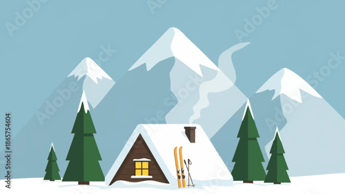 Cozy winter cabin nestled in snowy mountains with pine trees and skis by the door, illustrating a peaceful, serene, and idyllic winter retreat scene