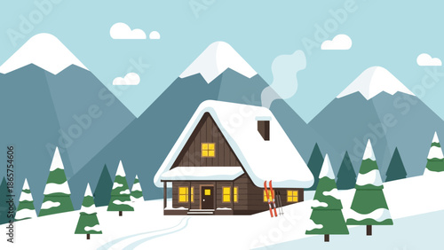 Cozy Wooden Cabin nestled in a Snowy Mountain Landscape with Pine Trees and Ski Trails