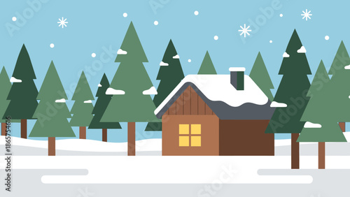 Cozy winter cabin illustration amidst snowy pine forest with falling snowflakes, evoking a peaceful holiday season scene in a serene natural landscape
