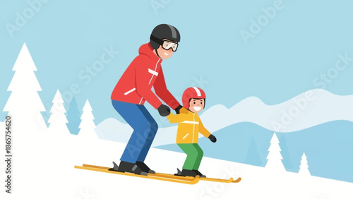 Caring parent teaching their young child how to ski on a snowy mountain slope, enjoying a fun winter sport together during a family vacation